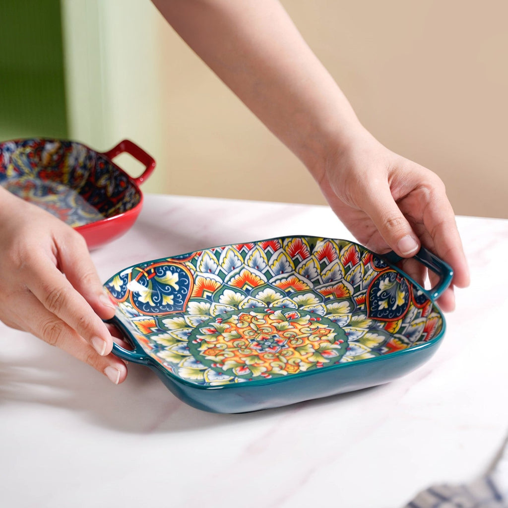 Mandala Melange Serving Platter With Handle Green