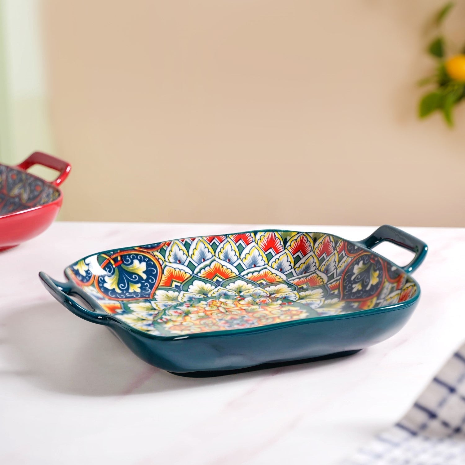 Mandala Melange Serving Platter With Handle Green