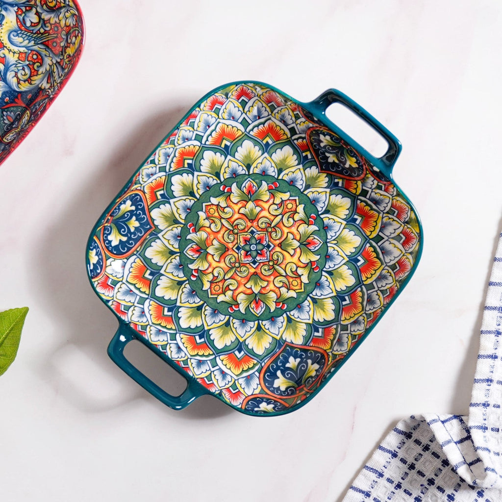 Mandala Melange Serving Platter With Handle Green