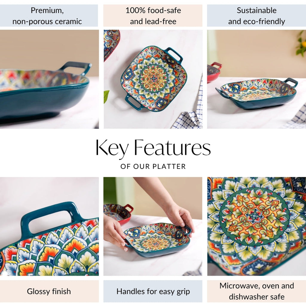 Mandala Melange Serving Platter With Handle Green