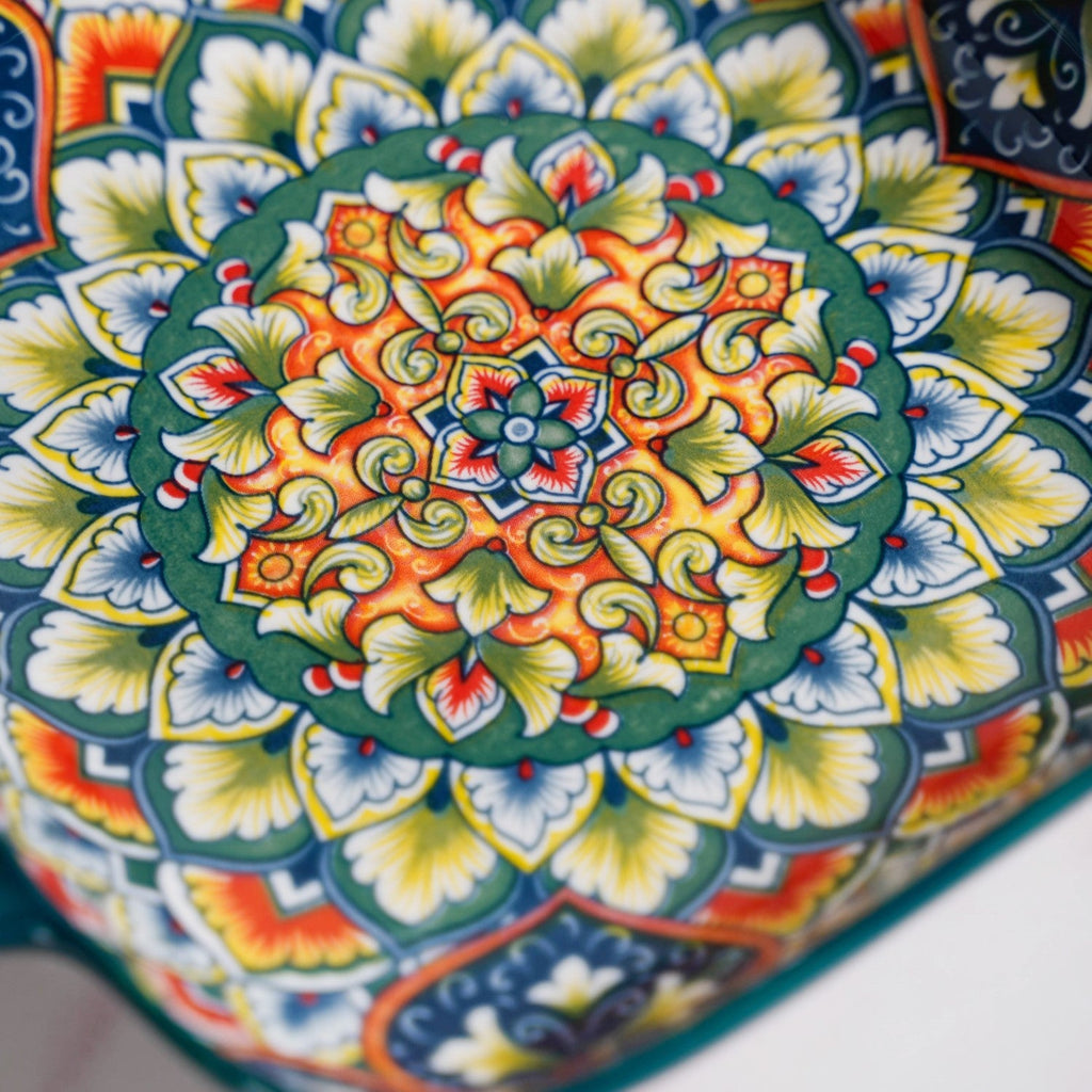 Mandala Melange Serving Platter With Handle Green