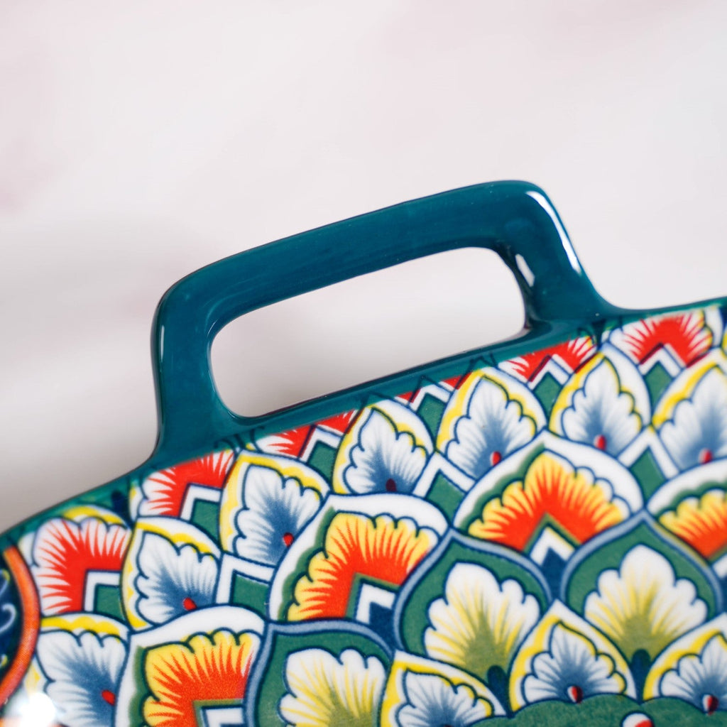 Mandala Melange Serving Platter With Handle Green