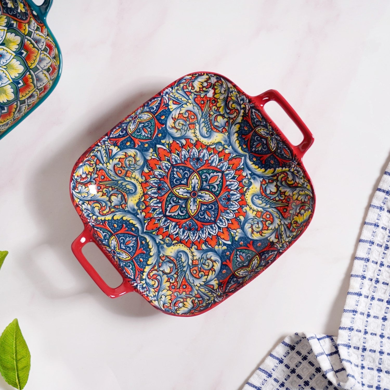 Mandala Melange Serving Platter With Handle Red