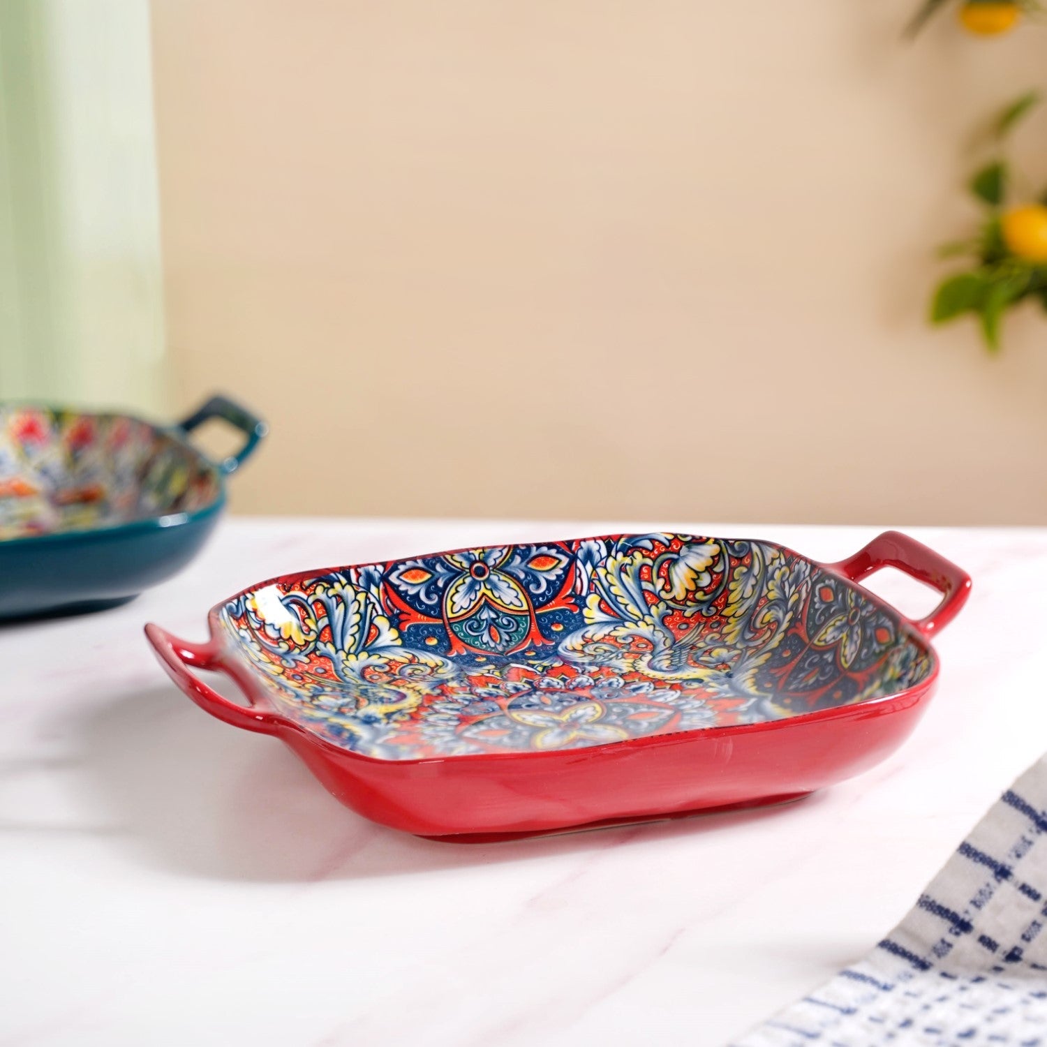 Mandala Melange Serving Platter With Handle Red