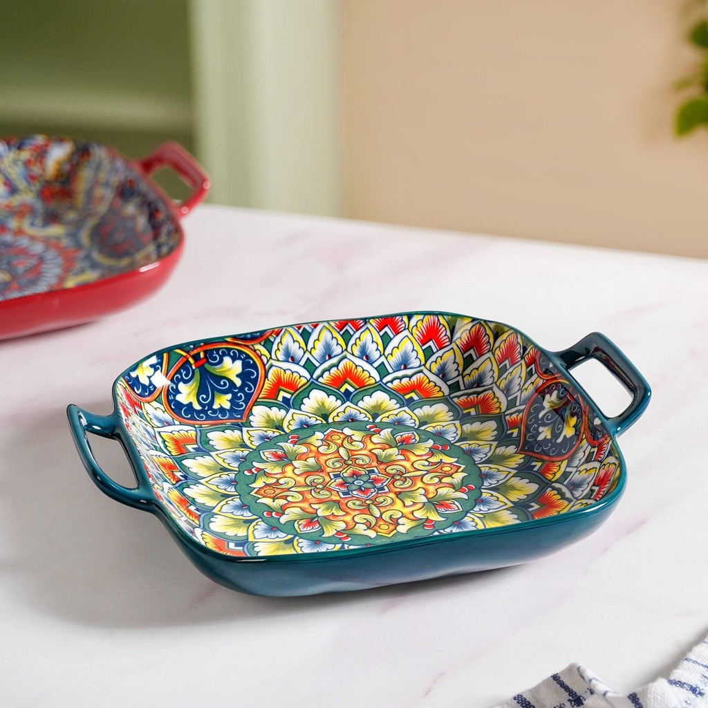 Mandala Melange Serving Platter With Handle Green
