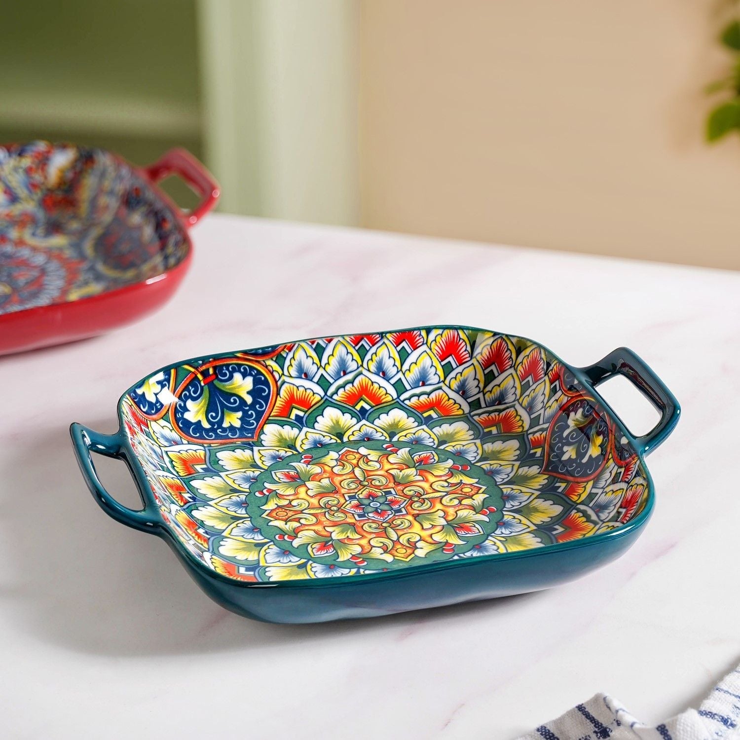 Mandala Melange Serving Platter With Handle Green