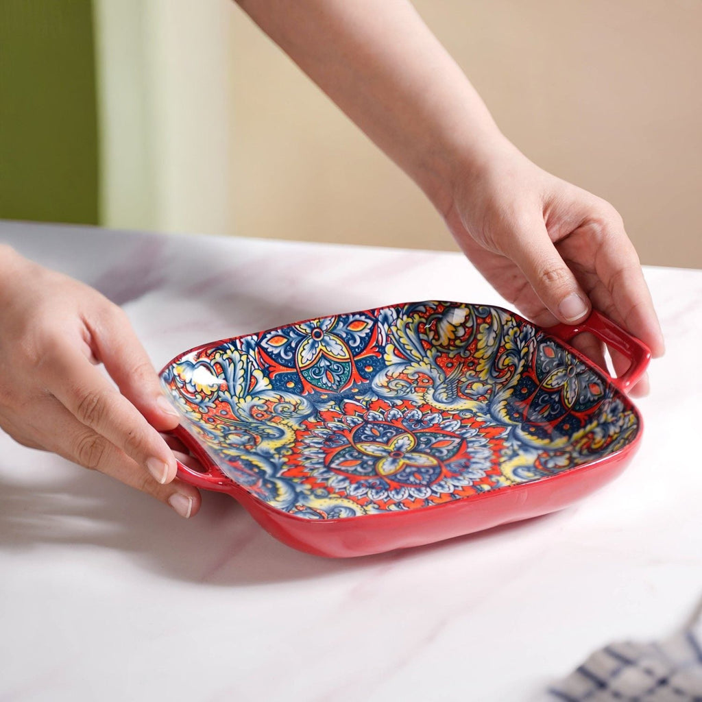 Mandala Melange Serving Platter With Handle Red