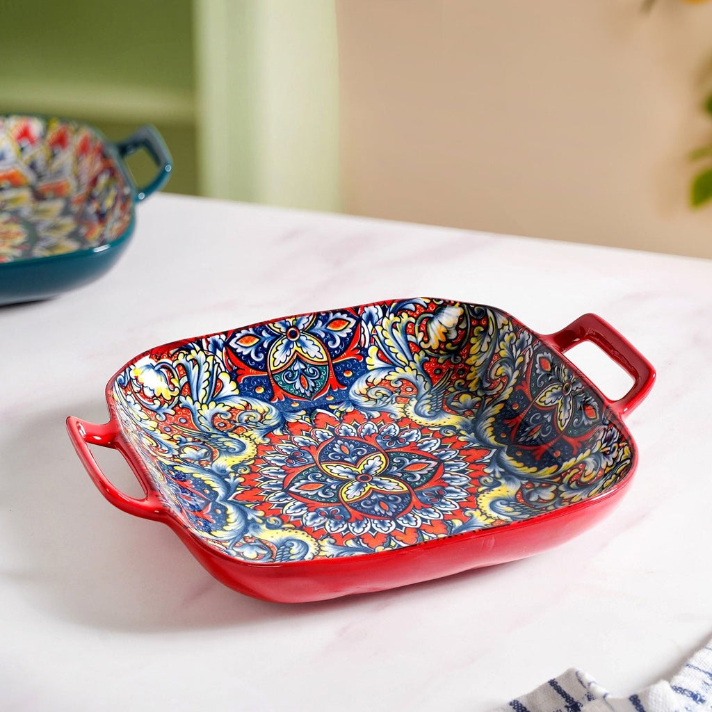 Mandala Melange Serving Platter With Handle Red