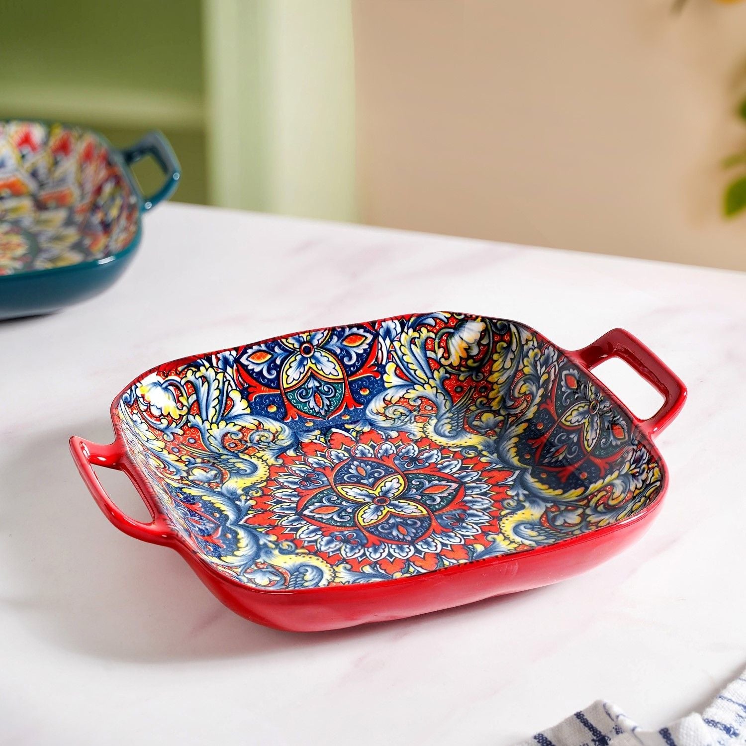 Mandala Melange Serving Platter With Handle Red