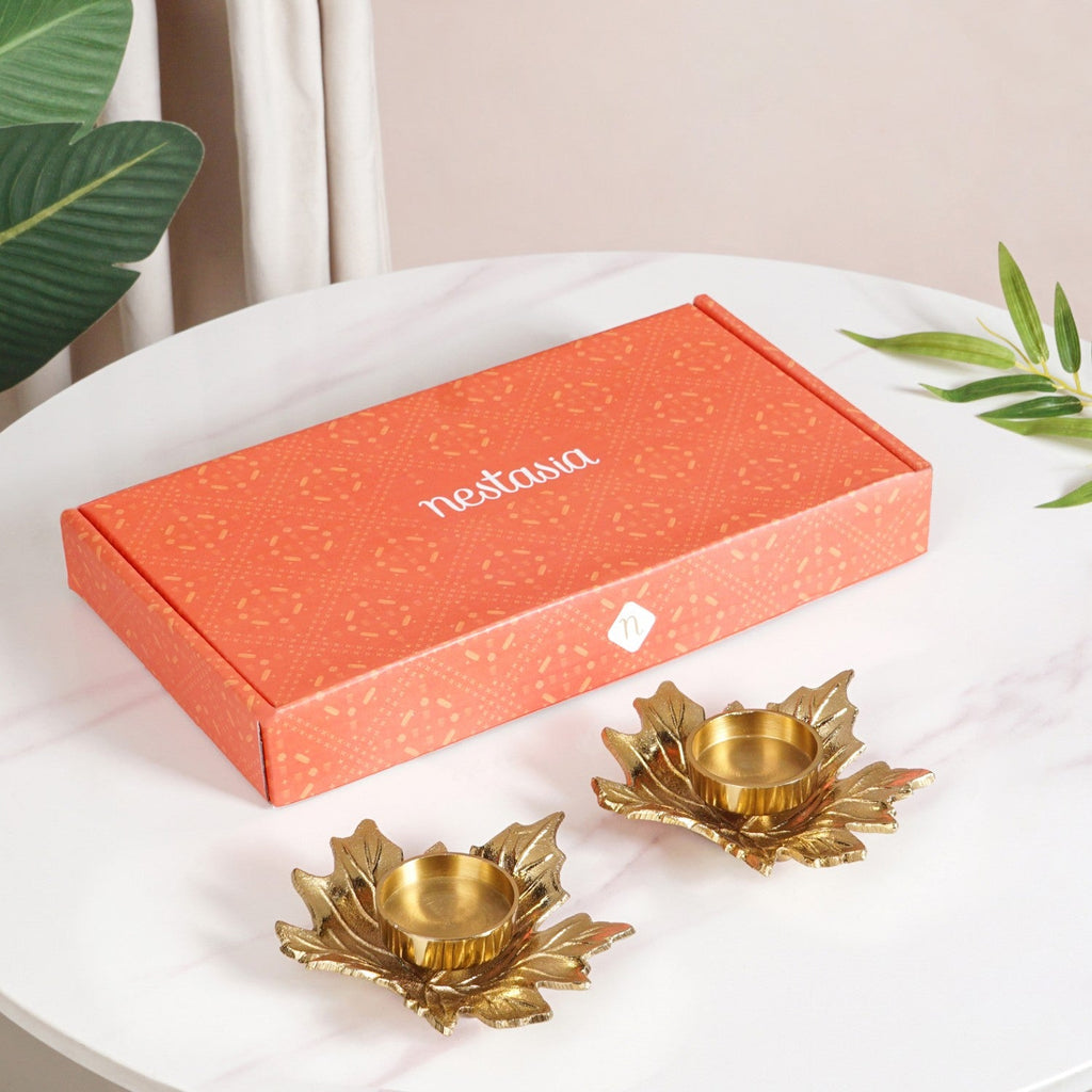 Maple Glow Aluminium Tealight Holder Set Of 2 In Festive Gift Box