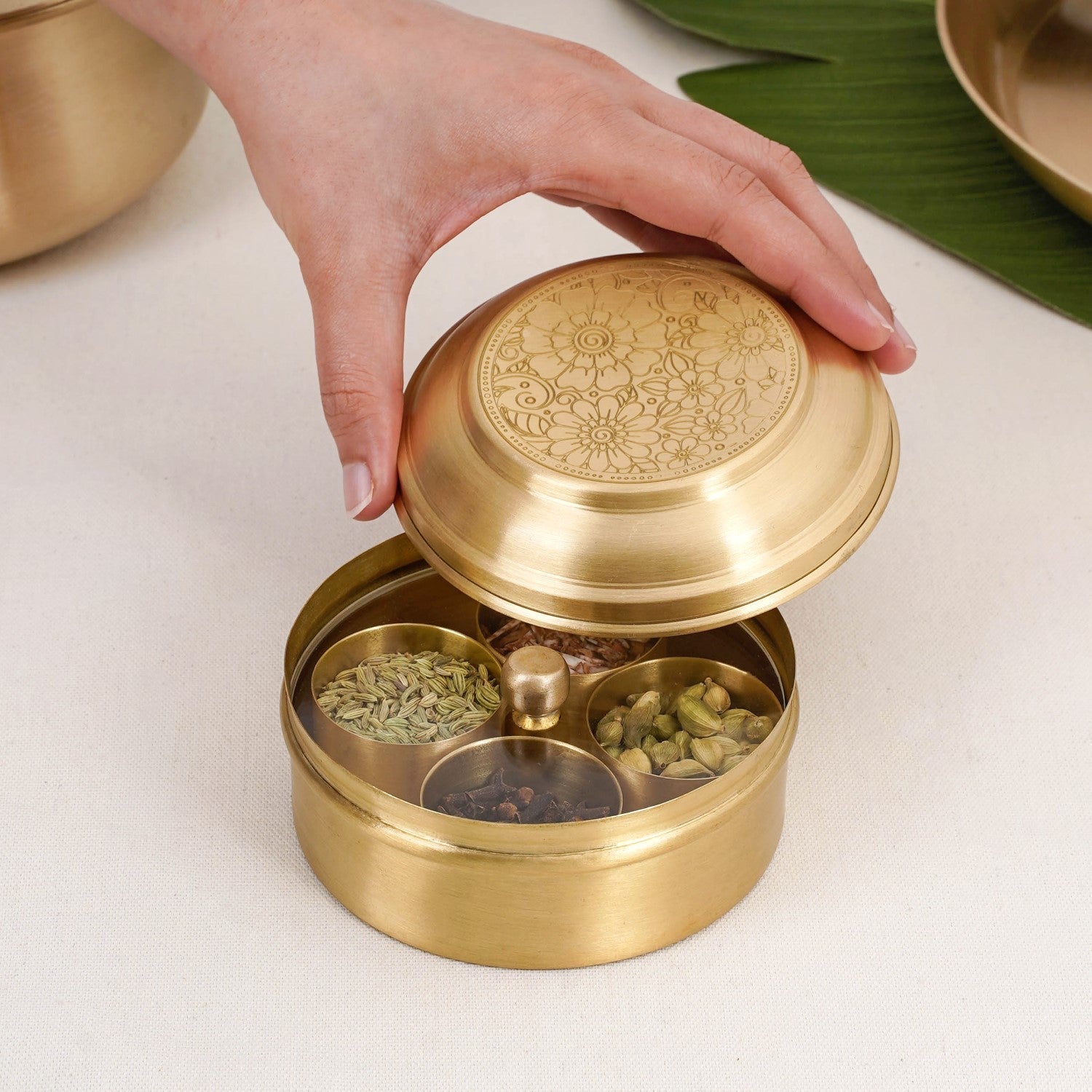 Handcrafted Brass Marigold Mukhwas Box – Spice & Mouth Freshener Holder