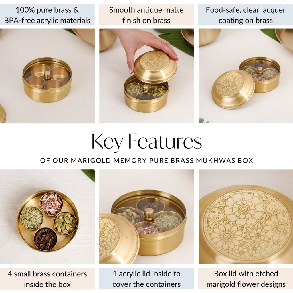 Handcrafted Brass Marigold Mukhwas Box – Spice & Mouth Freshener Holder