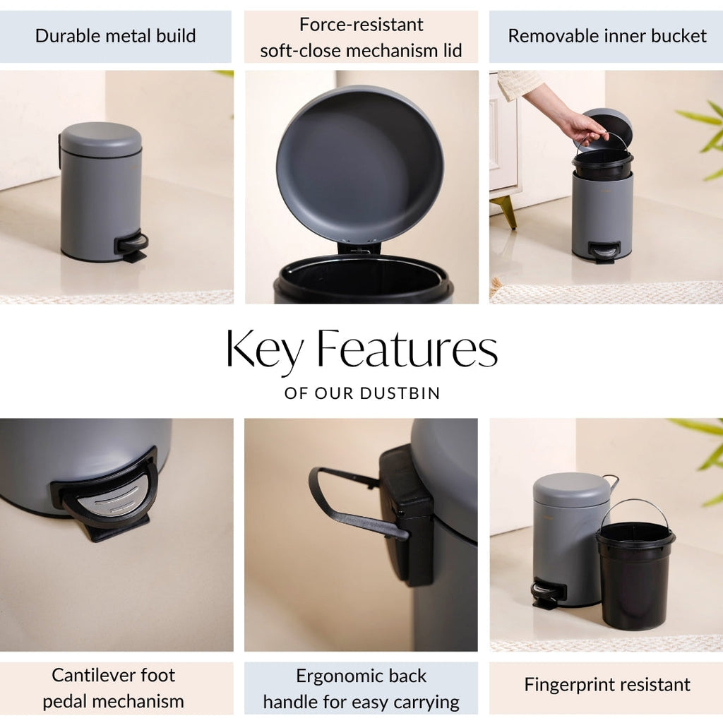 Clean Curve Dustbin With Removable Bucket Grey 3000ml