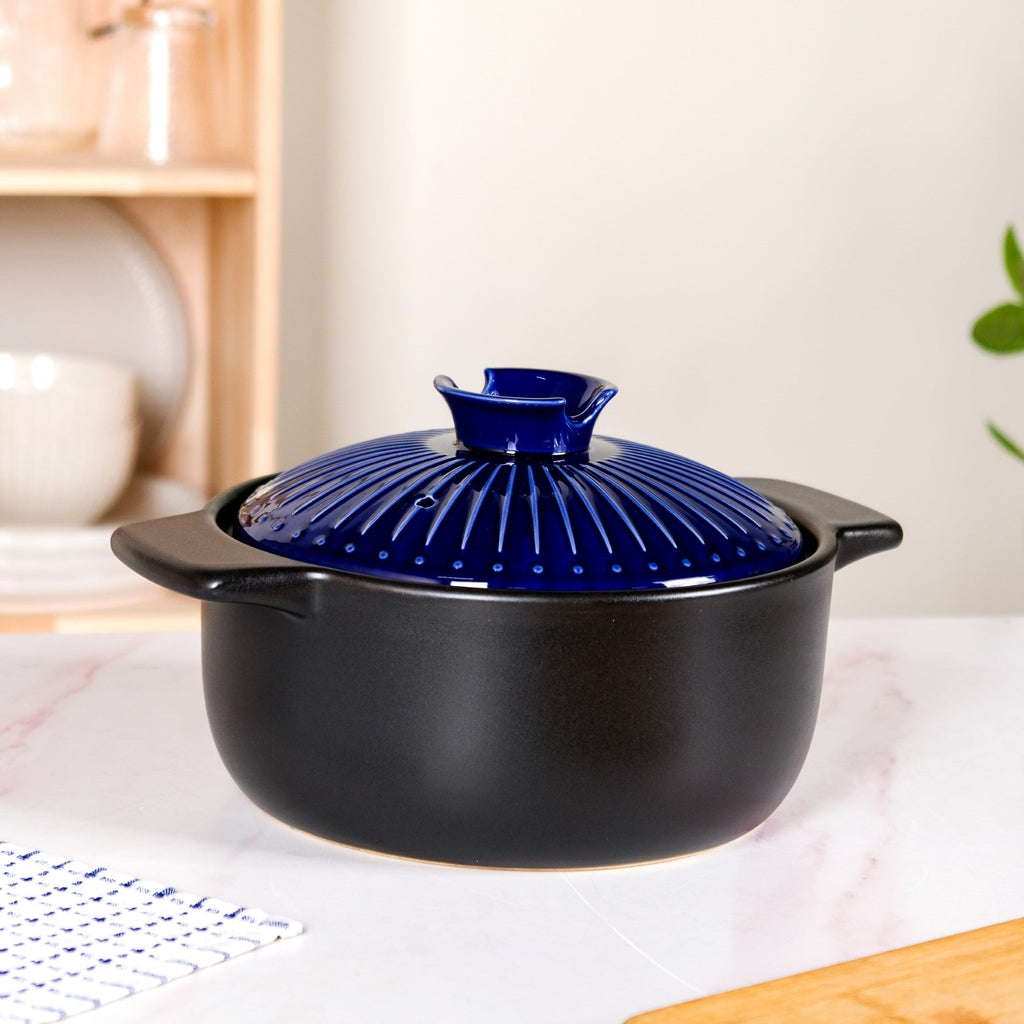 Lumea Ribbed Ceramic Cooking Pot Blue 3500ml