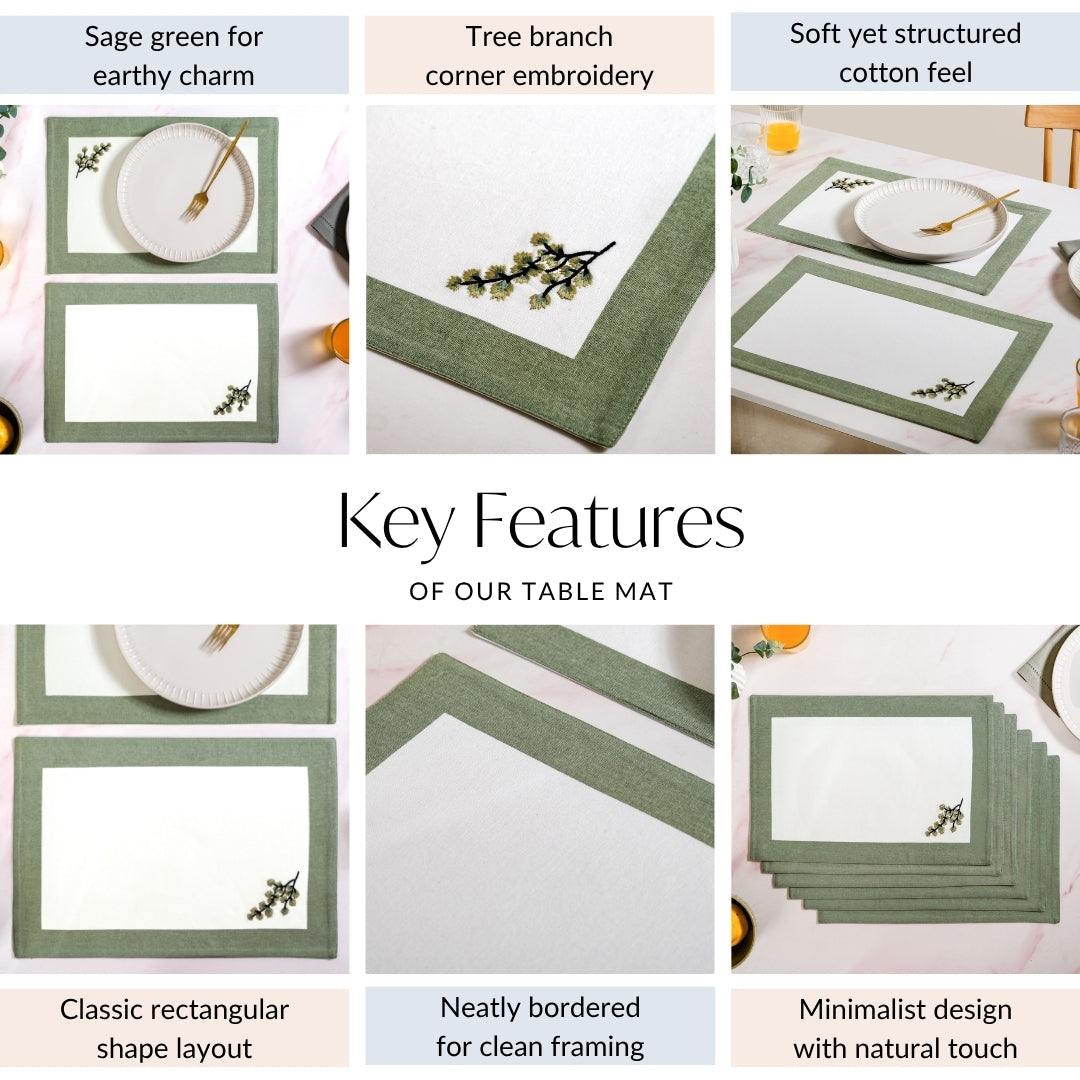 Midori Pure Cotton Table Mat Set Of 6 In Sage Green