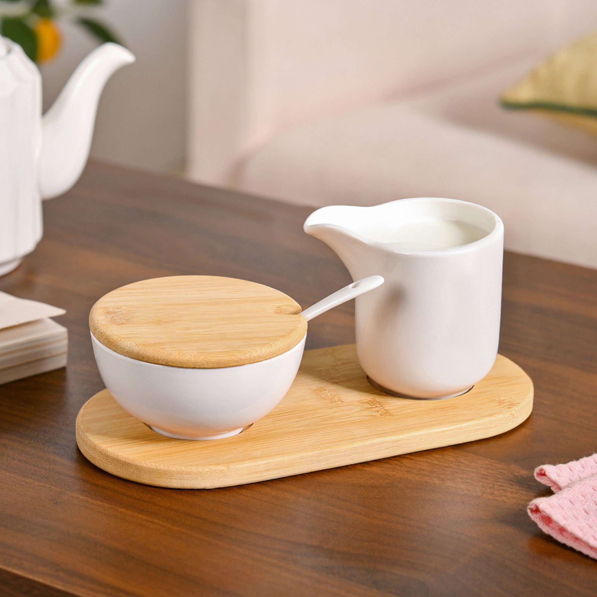 Milk Pot And Sugar Bowl With Stand And Spoon