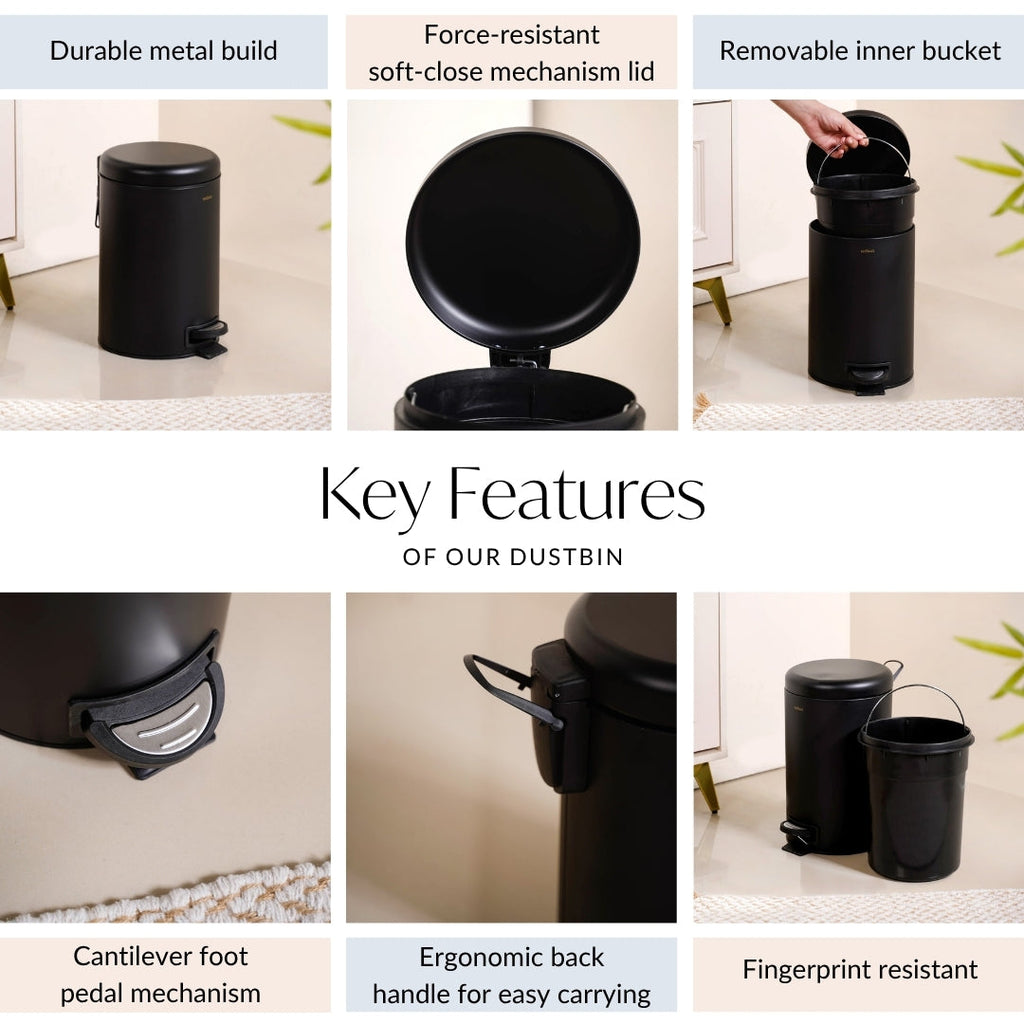 Clean Curve Metal Dustbin With Removable Bucket Black 7000ml