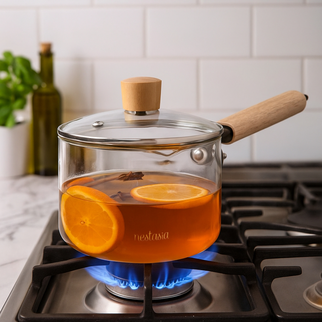 Minimalist Glass Saucepan With Wooden Handle And Lid 1800ml