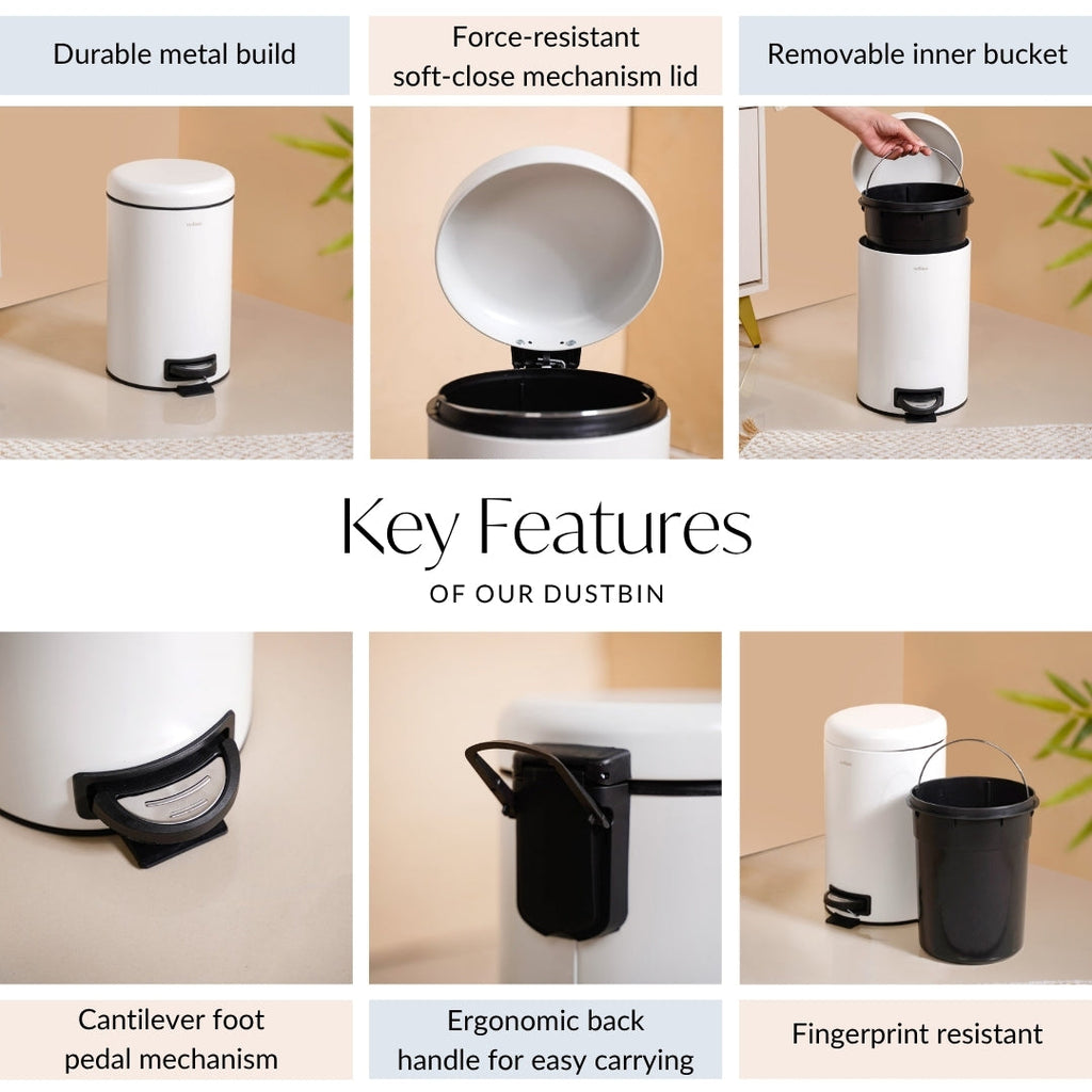 Clean Curve White Metal Dustbin With Removable Bucket 7000ml