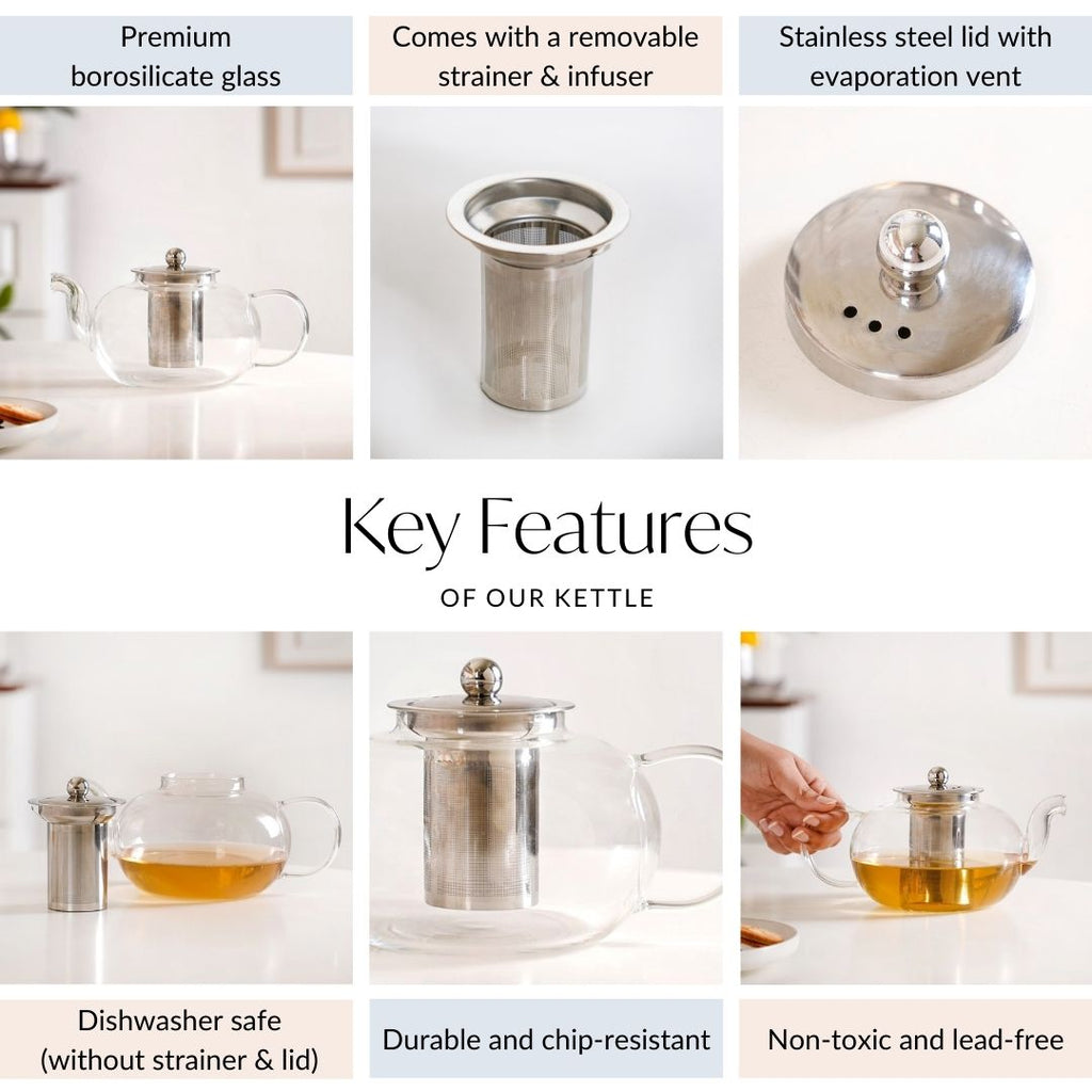 Minimalist Glass Kettle With Strainer Flame Safe 1000ml