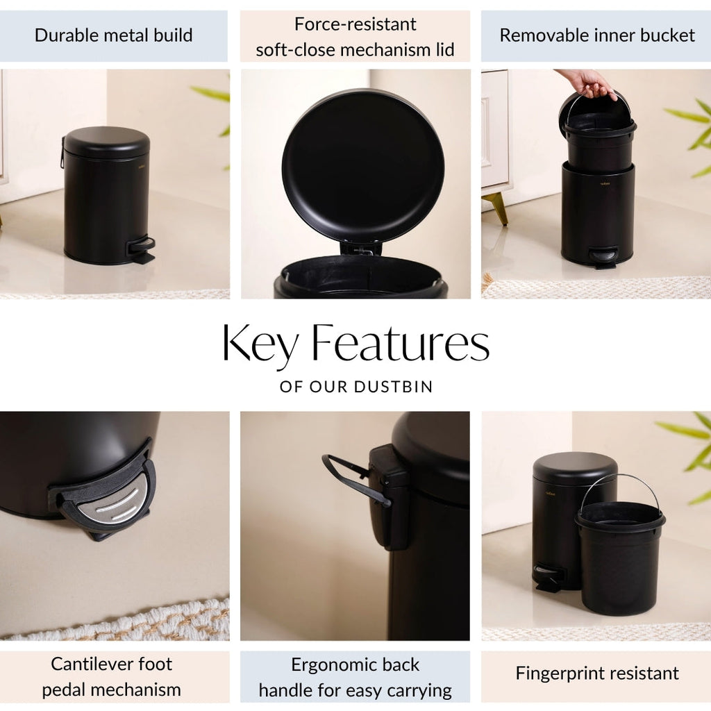 Clean Curve Metal Dustbin With Removable Bucket Black 5000ml