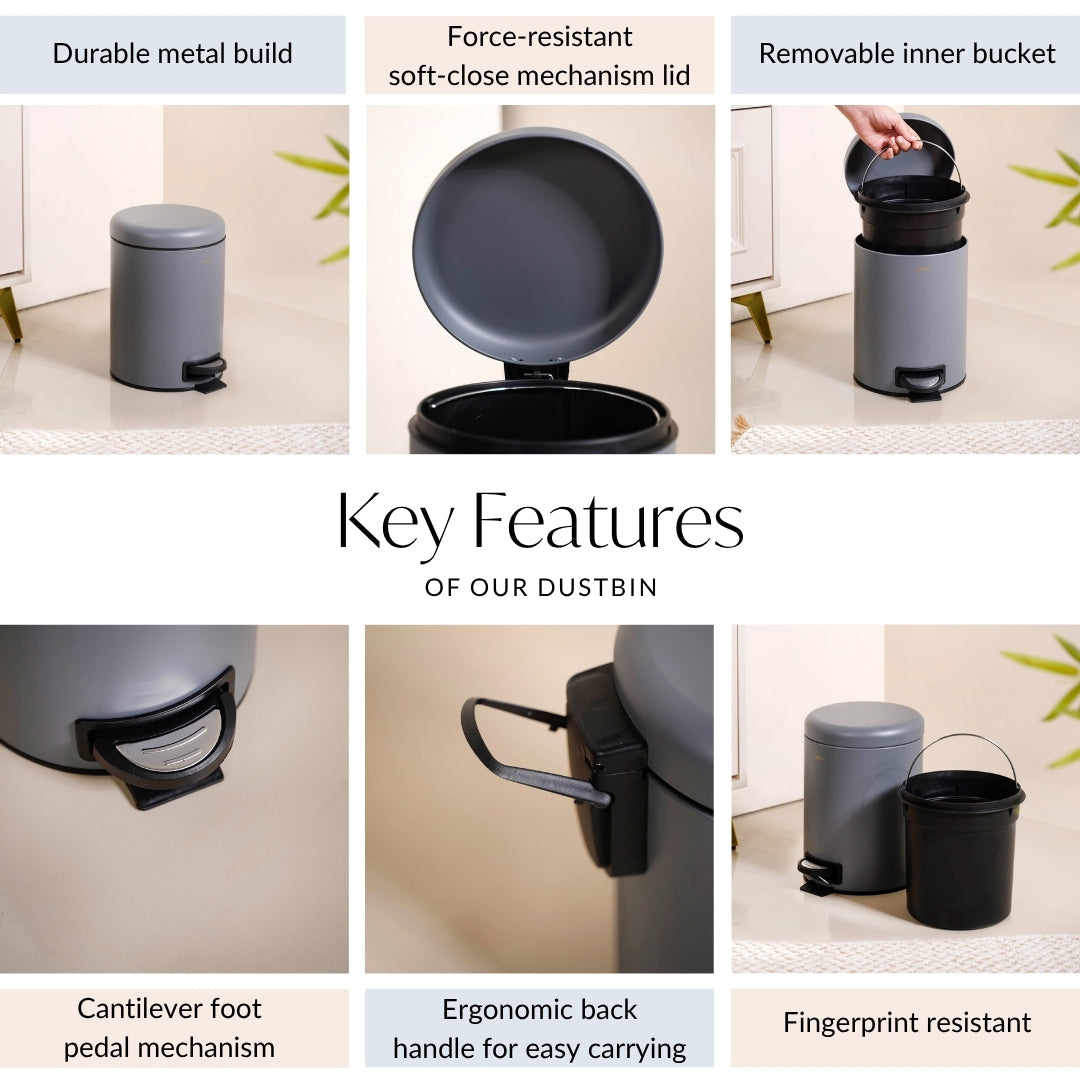 Clean Curve Metal Dustbin With Removable Bucket Grey 5000ml