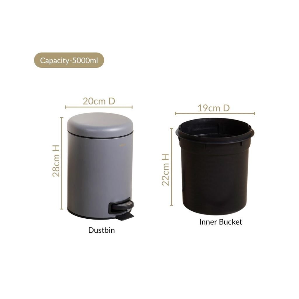 Clean Curve Metal Dustbin With Removable Bucket Grey 5000ml
