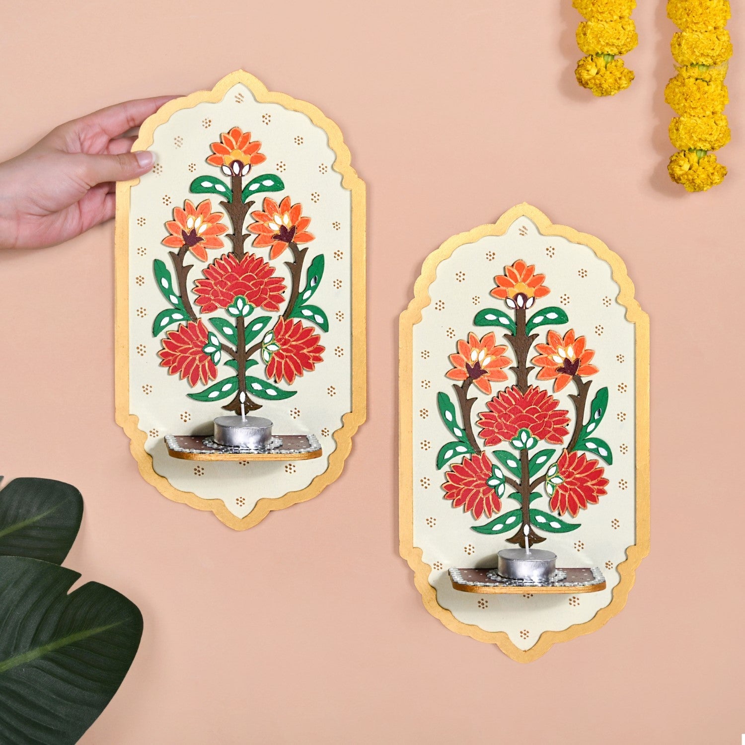 Motif Jharokha Tealight Candle Holder Lippan Wall Art Set Of 2