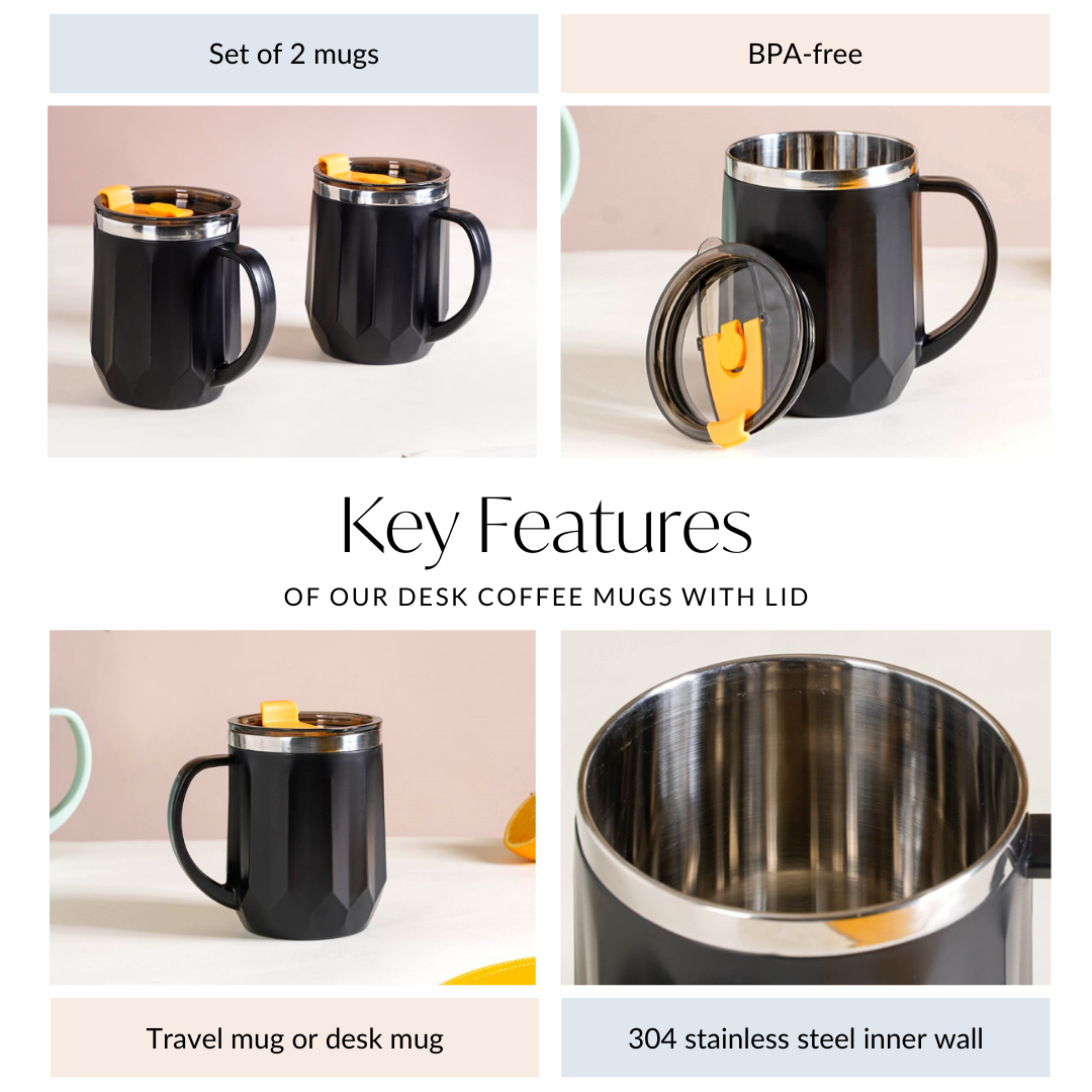 Desk Coffee Mug With Lid Set Of 2 Black 400ml