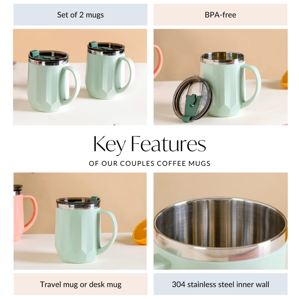 Couples Coffee Mug With Lid Set of 2 Mint Green 400ml