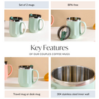 Couples Coffee Mug With Lid Set of 2 Mint Green 400ml