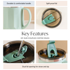 Couples Coffee Mug With Lid Set of 2 Mint Green 400ml