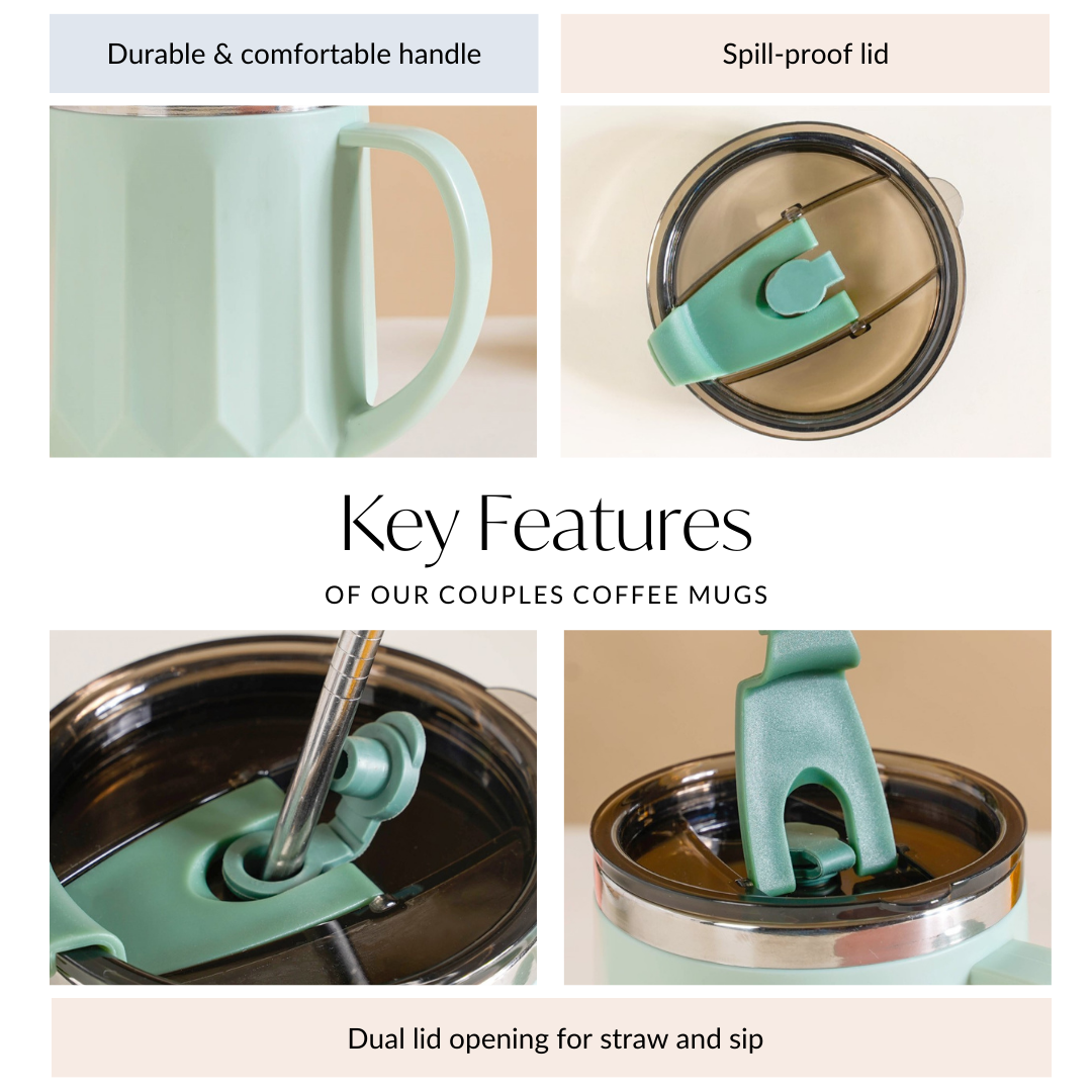 Couples Coffee Mug With Lid Set of 2 Mint Green 400ml