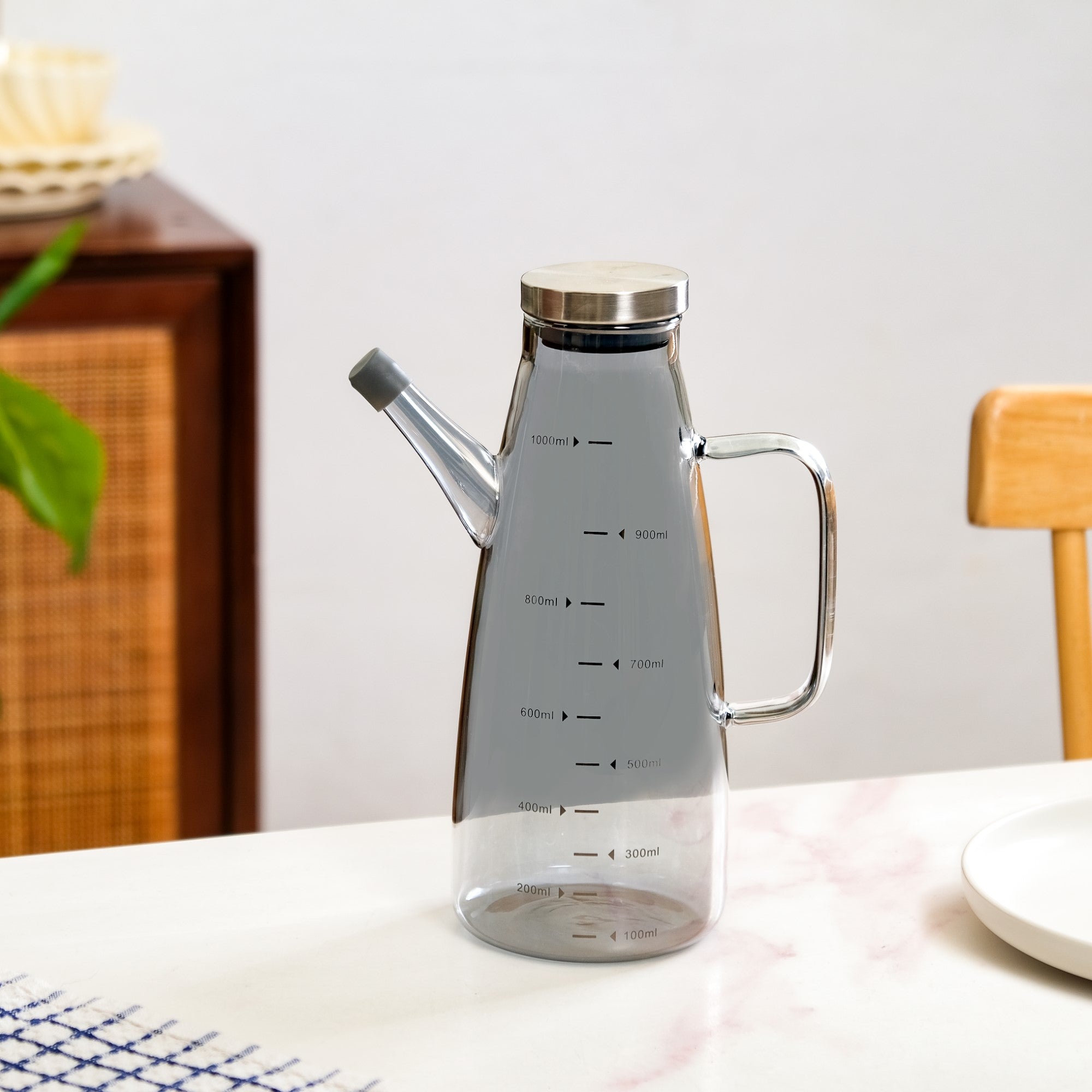 Chic Grey Borosilicate Glass Oil Jar Dispenser With Markings 1000ml