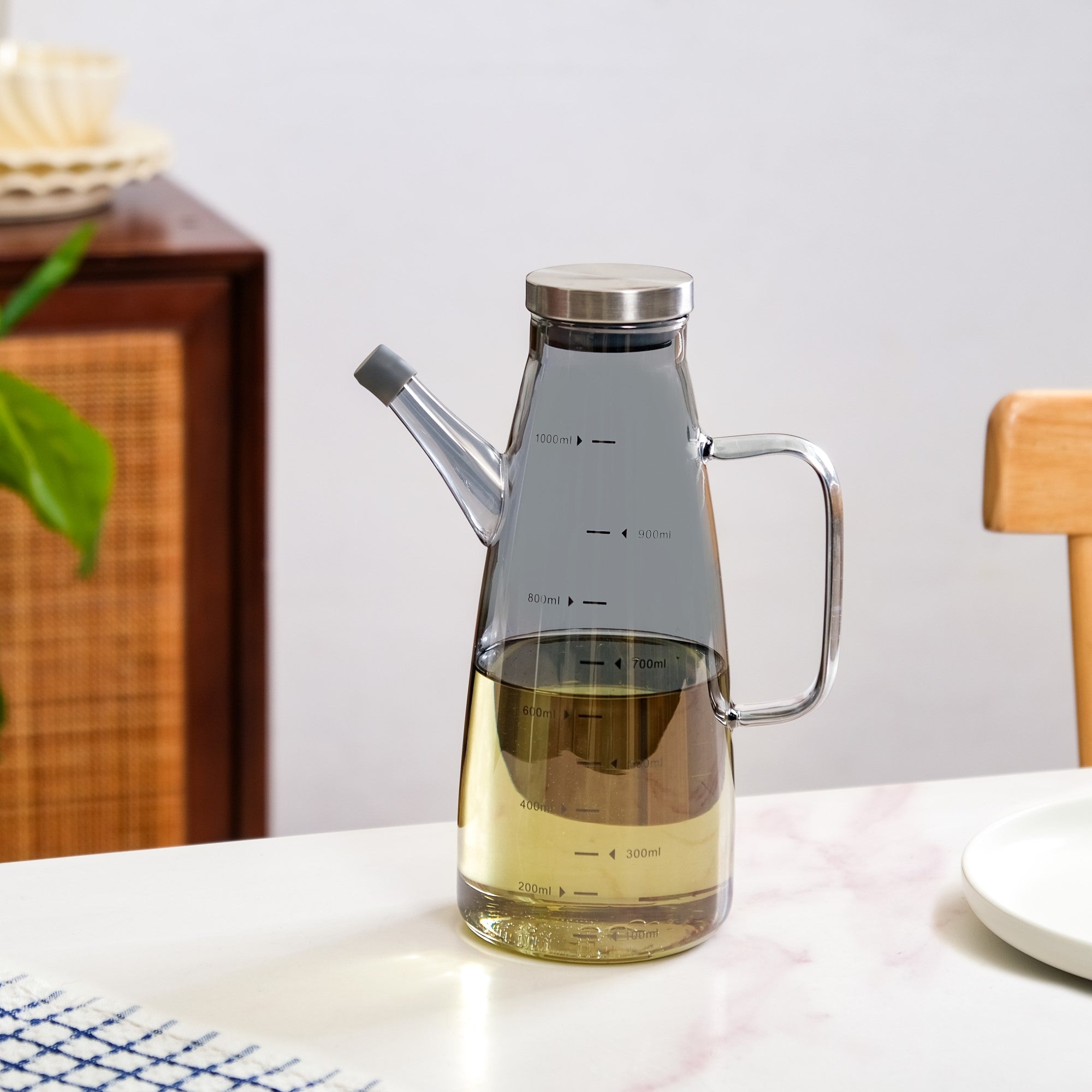 Chic Grey Borosilicate Glass Oil Jar Dispenser With Markings 1000ml