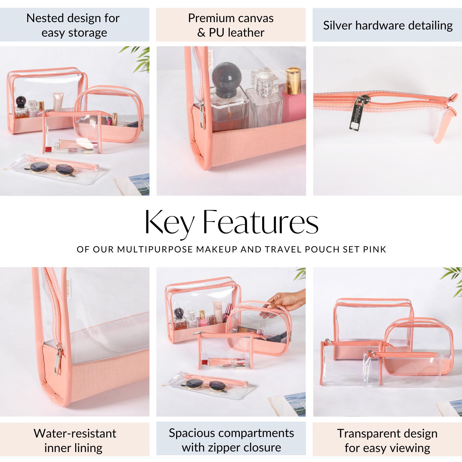 Multipurpose Makeup And Travel Pouch Set Of 4 Pink