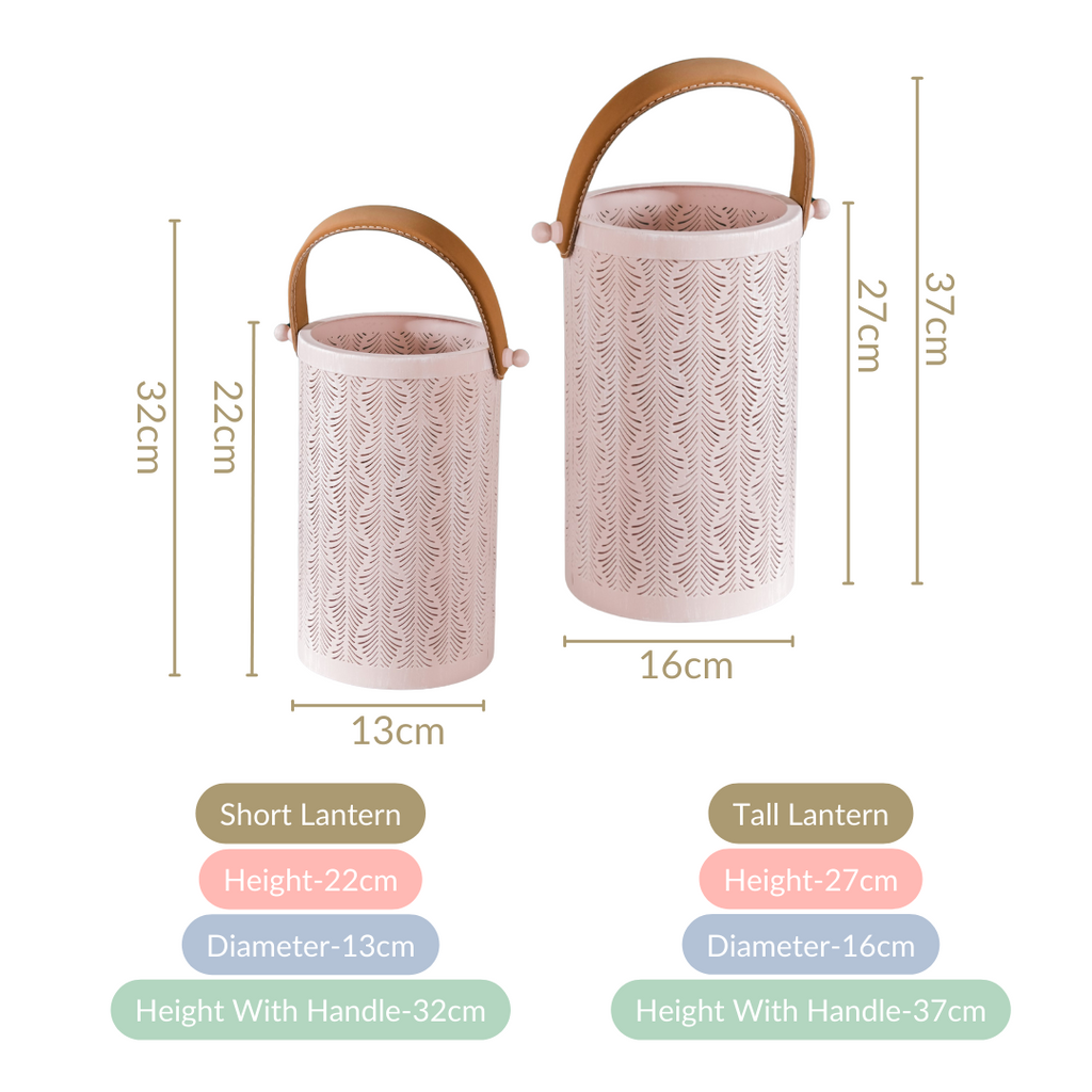 Muted Baby Pink Metal Cutwork Hurricane Lantern Set Of 2
