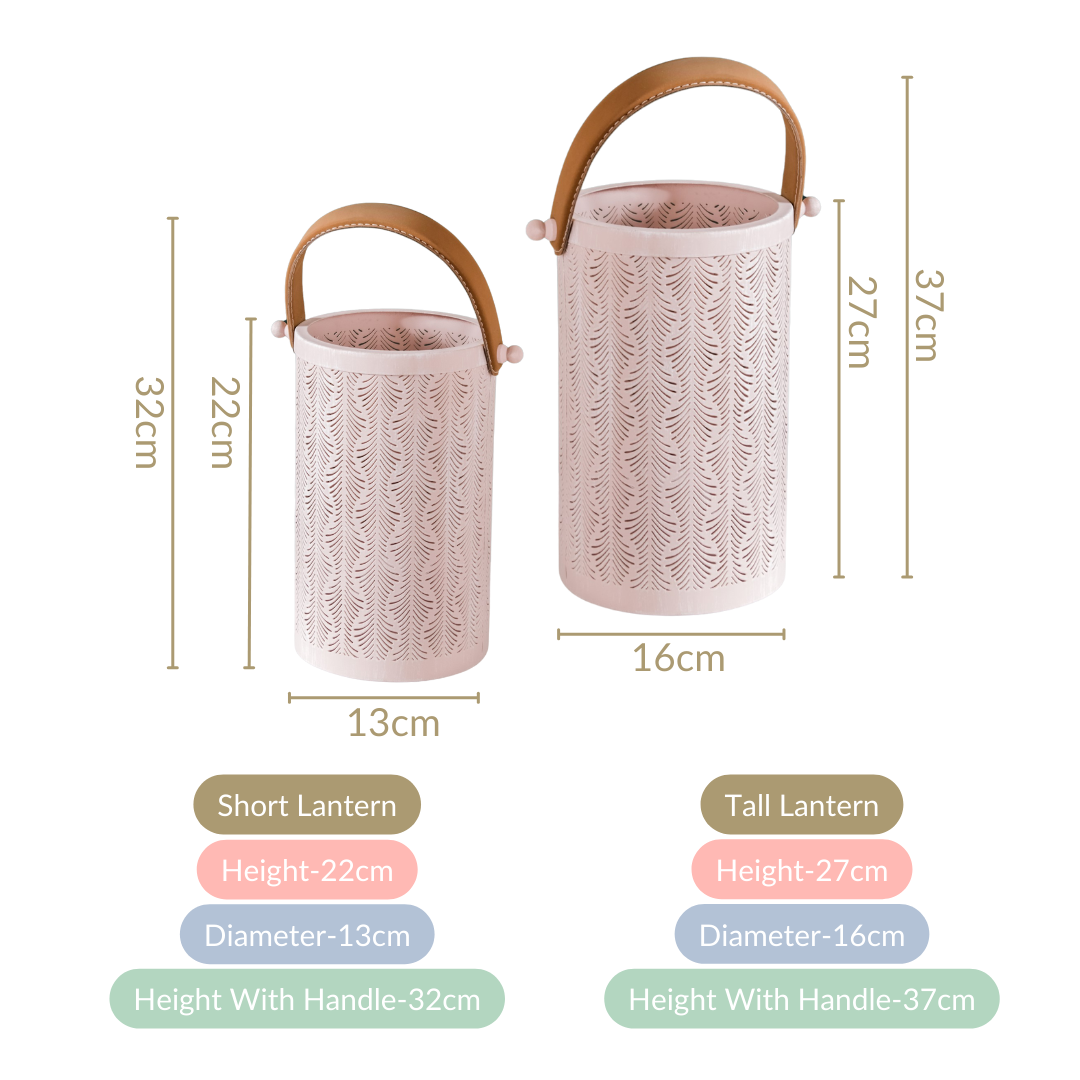 Muted Baby Pink Metal Cutwork Hurricane Lantern Set Of 2