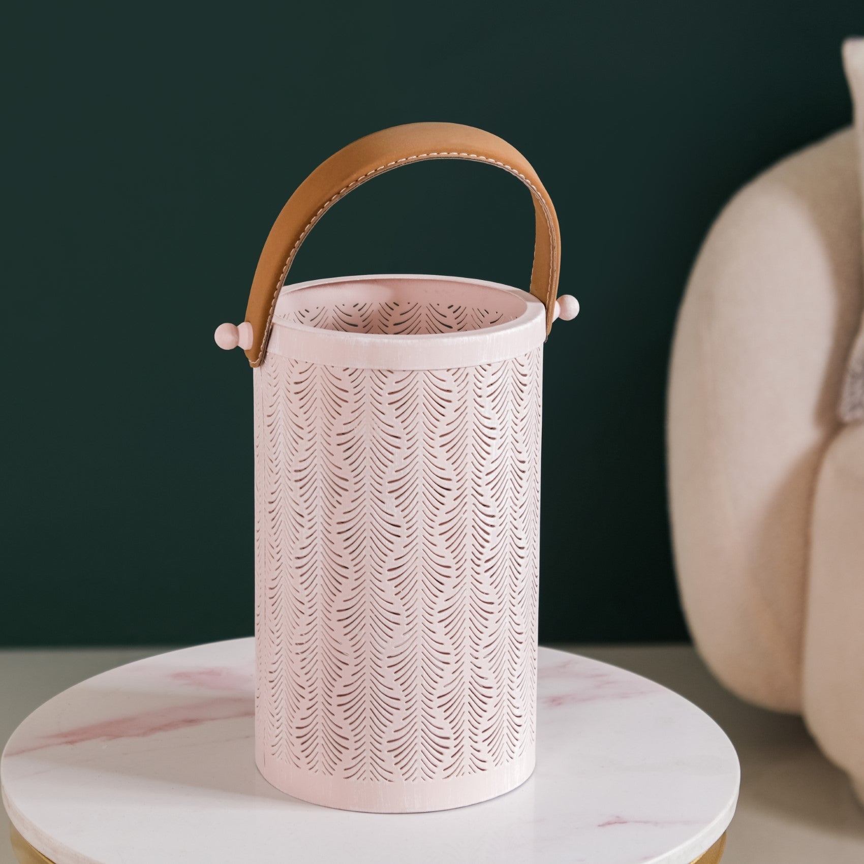 Muted Baby Pink Metal Cutwork Hurricane Lantern Set Of 2