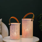 Muted Baby Pink Metal Cutwork Hurricane Lantern Set Of 2