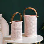 Muted Baby Pink Metal Cutwork Hurricane Lantern Set Of 2