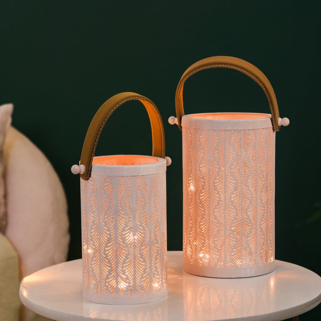 Muted Baby Pink Metal Cutwork Hurricane Lantern Set Of 2