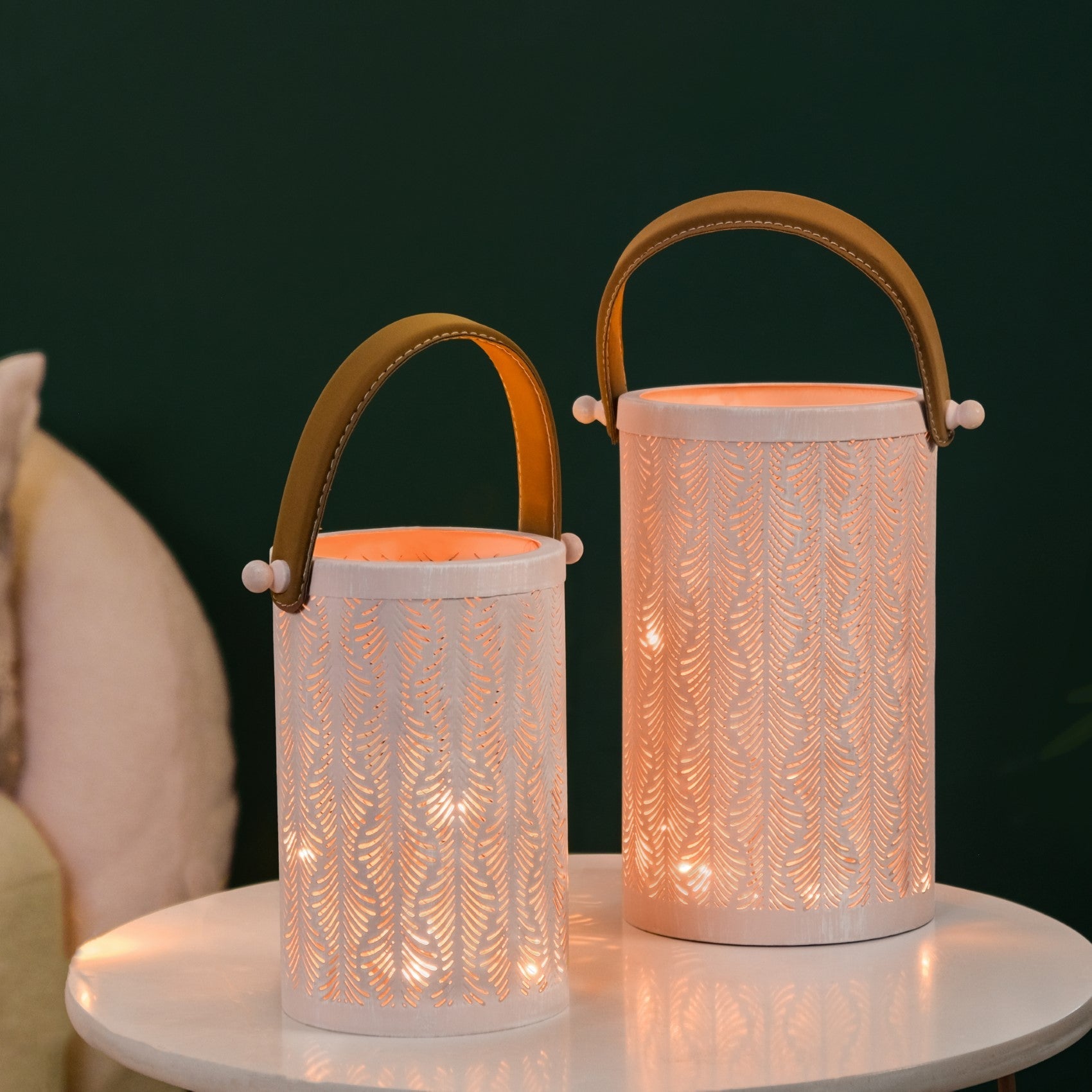 Muted Baby Pink Metal Cutwork Hurricane Lantern Set Of 2