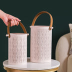 Muted Baby Pink Metal Cutwork Hurricane Lantern Set Of 2