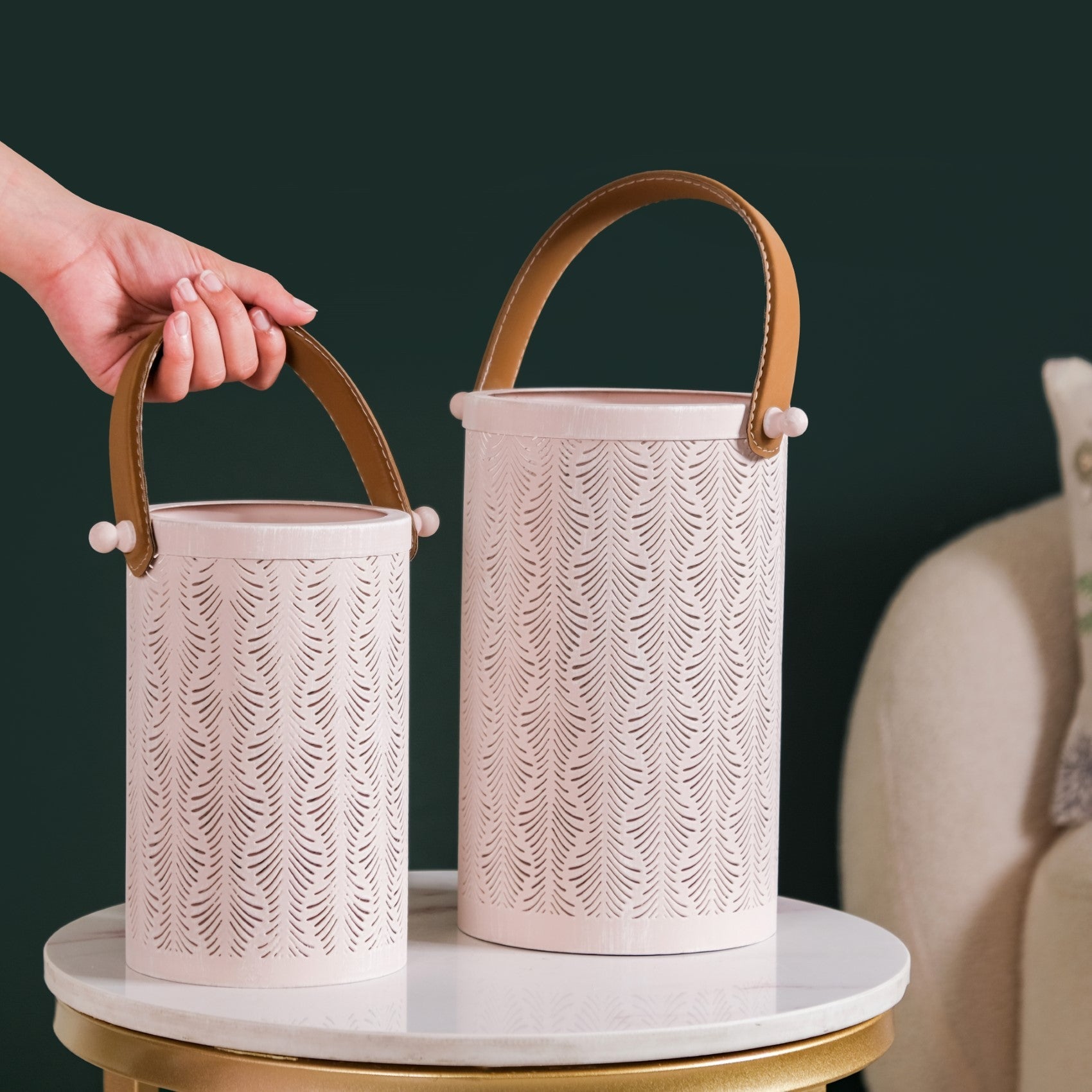 Muted Baby Pink Metal Cutwork Hurricane Lantern Set Of 2