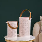 Muted Baby Pink Metal Cutwork Hurricane Lantern Set Of 2