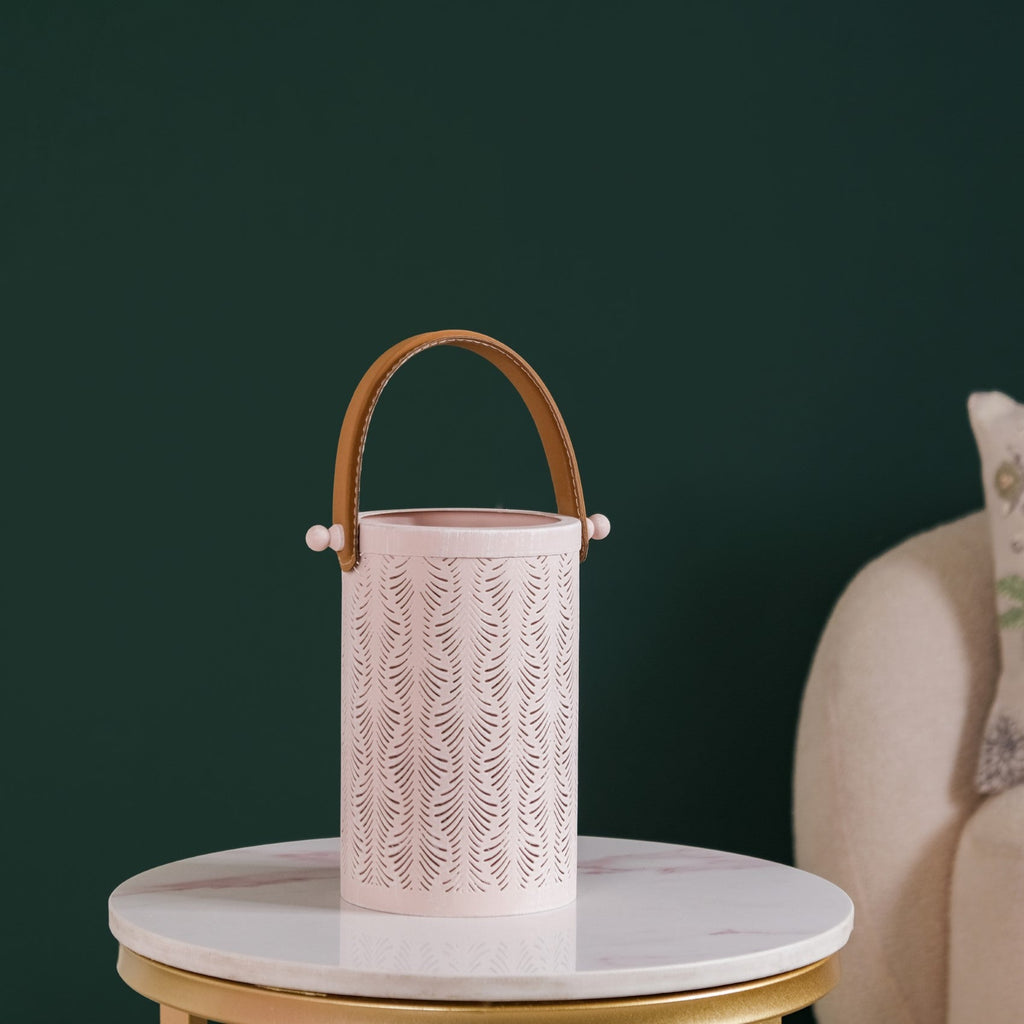 Muted Baby Pink Metal Cutwork Hurricane Lantern Set Of 2