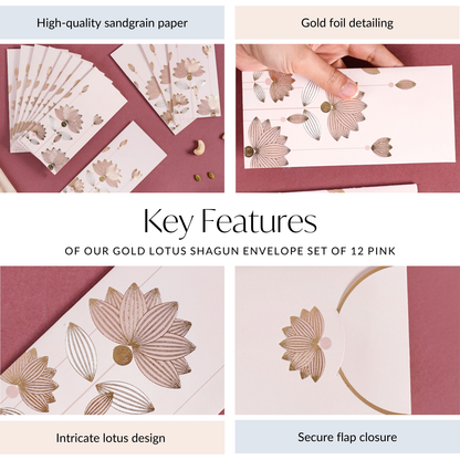 Money Gift Envelope Gold Lotus Set Of 12 Pink