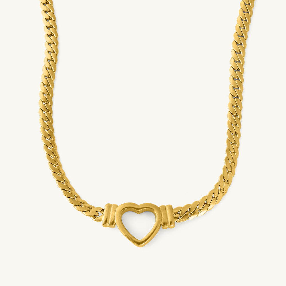 Cuban Chain Hollow Heart Necklace & Small Bar Bracelet Jewellery Set
