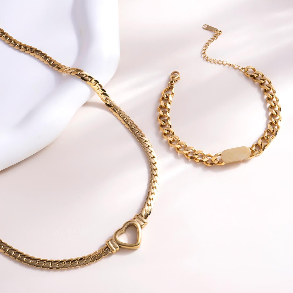 Cuban Chain Hollow Heart Necklace & Small Bar Bracelet Jewellery Set